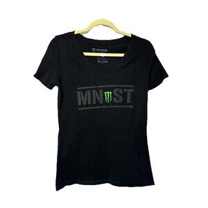 Monster Energy Drink Merch MONST Black V-Neck Womens Top 100% Cotton Large